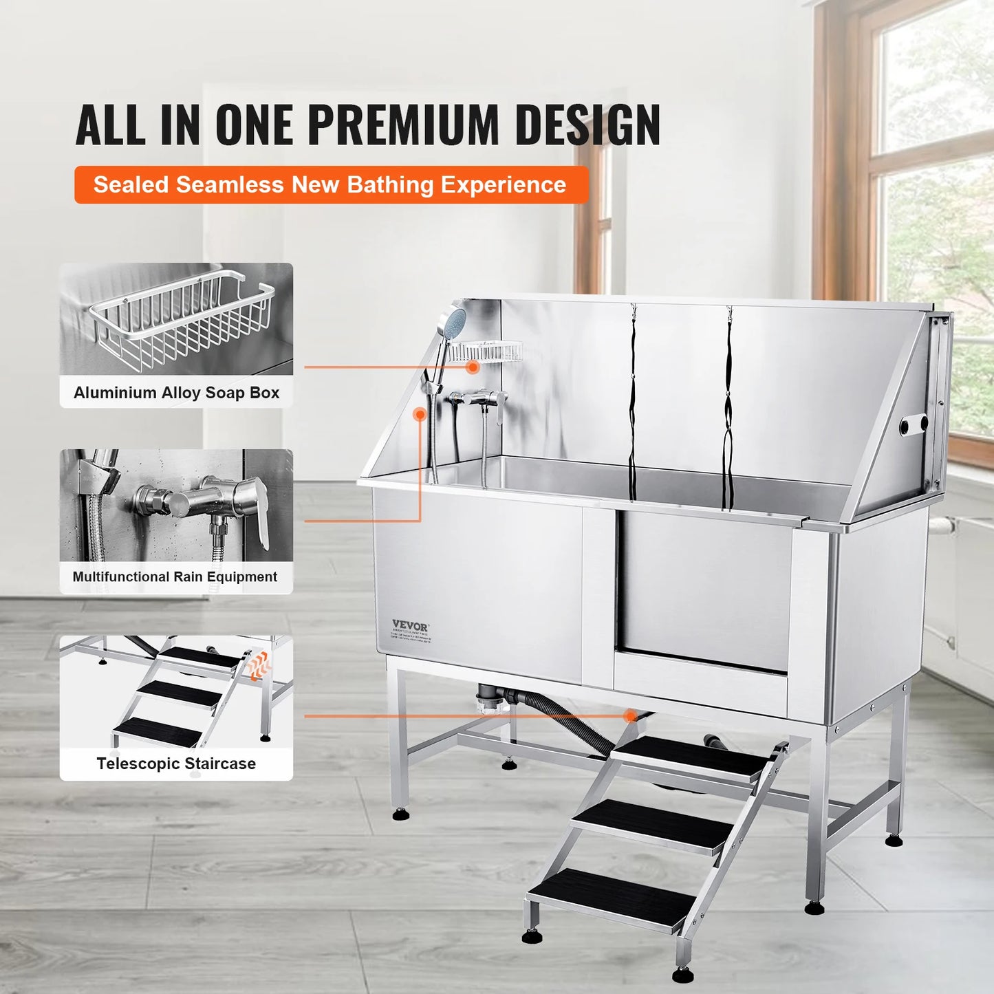 62" Pet Bathing Station w/Stairs, Professional Stainless Tub