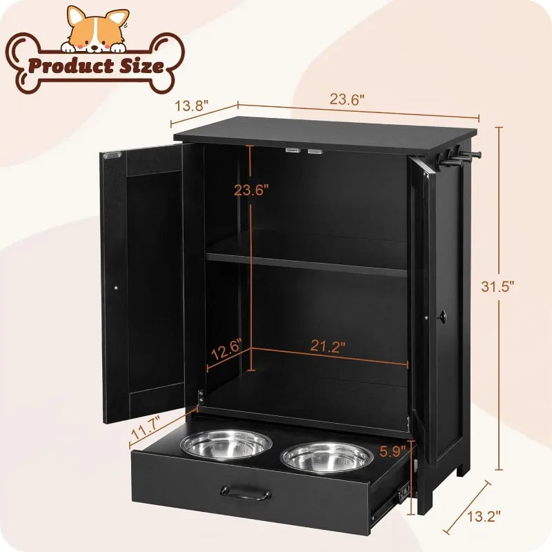 Feeding Station with Storage Cabinet and 2 Elevated Bowls