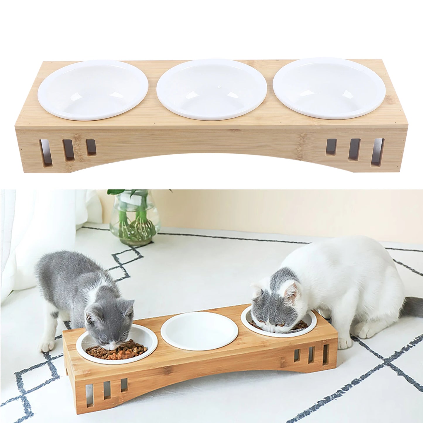 Feeding And Water 3-Bowl Bamboo Stand