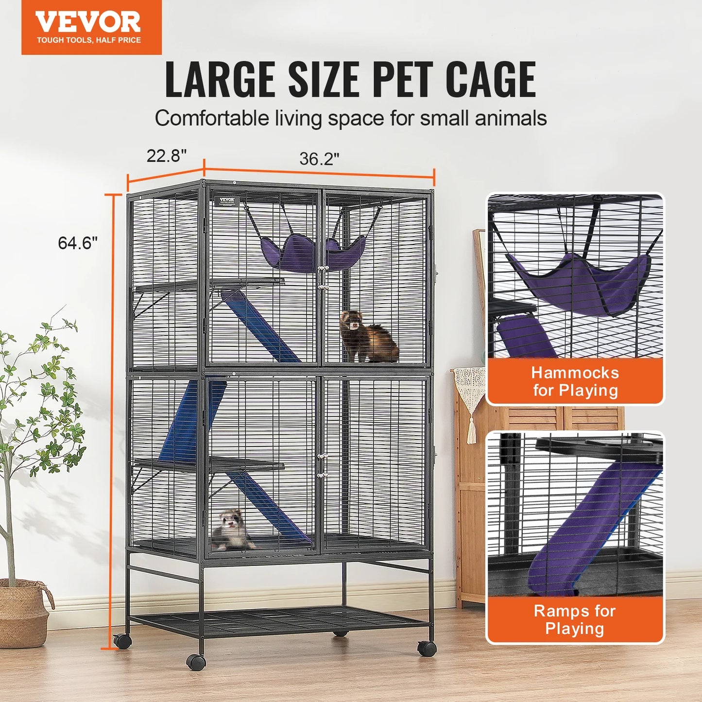 64.6" Rolling Metal Large 4-Tier Small Animal Cage