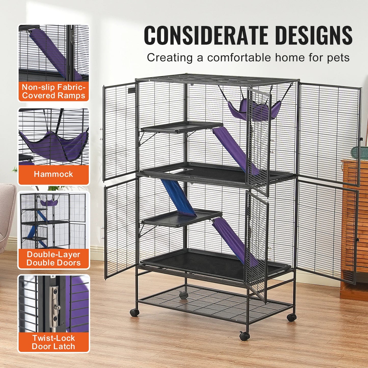 64.6" Rolling Metal Large 4-Tier Small Animal Cage