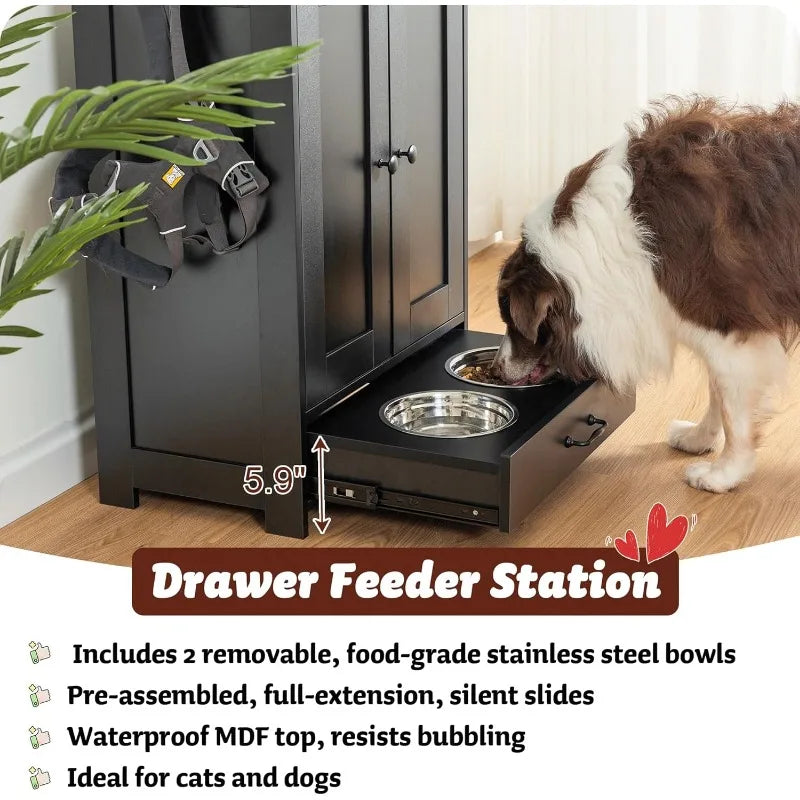 Feeding Station with Storage Cabinet and 2 Elevated Bowls