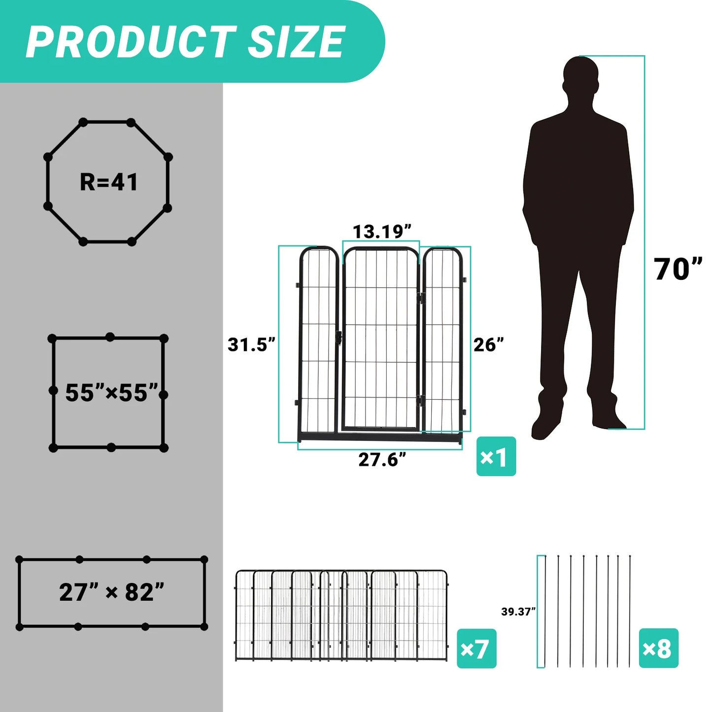 Dog Fence, 32" Height 8 Panels Metal Pen Indoor/Outdoor
