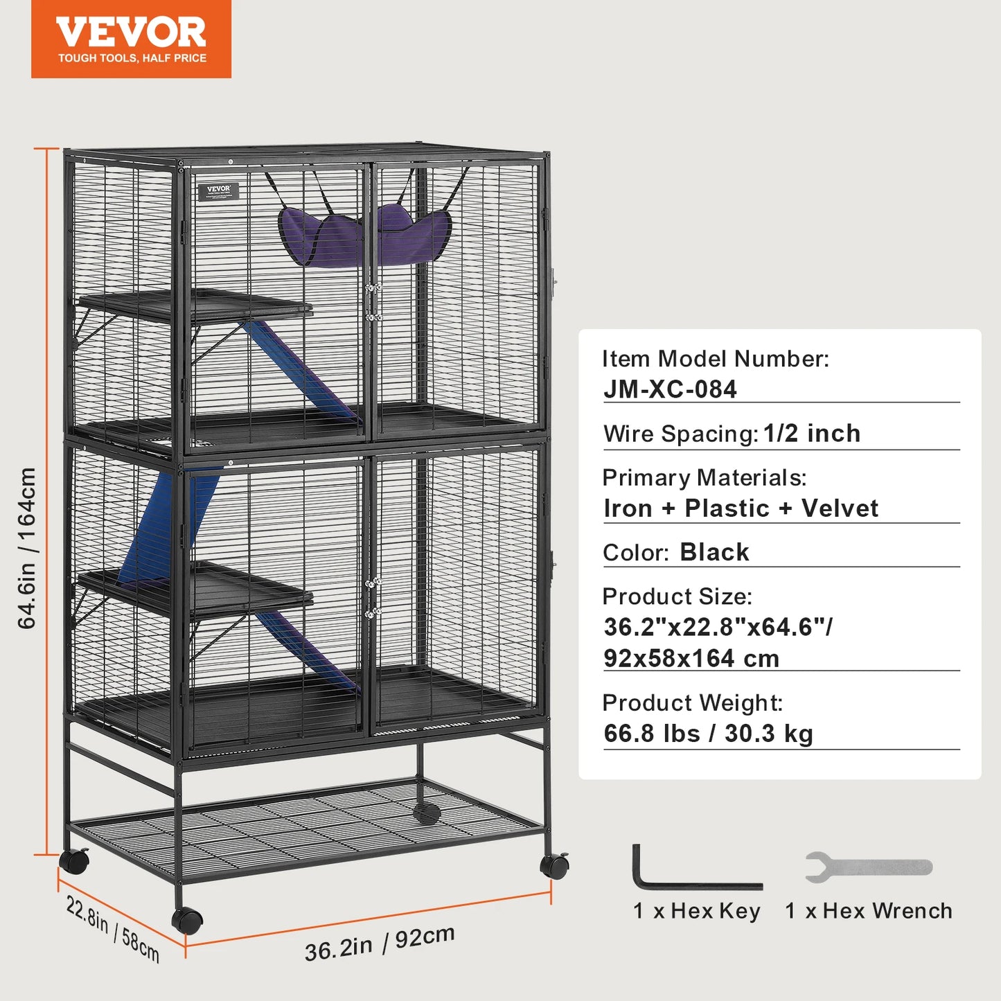 64.6" Rolling Metal Large 4-Tier Small Animal Cage