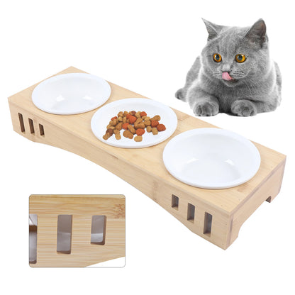 Feeding And Water 3-Bowl Bamboo Stand