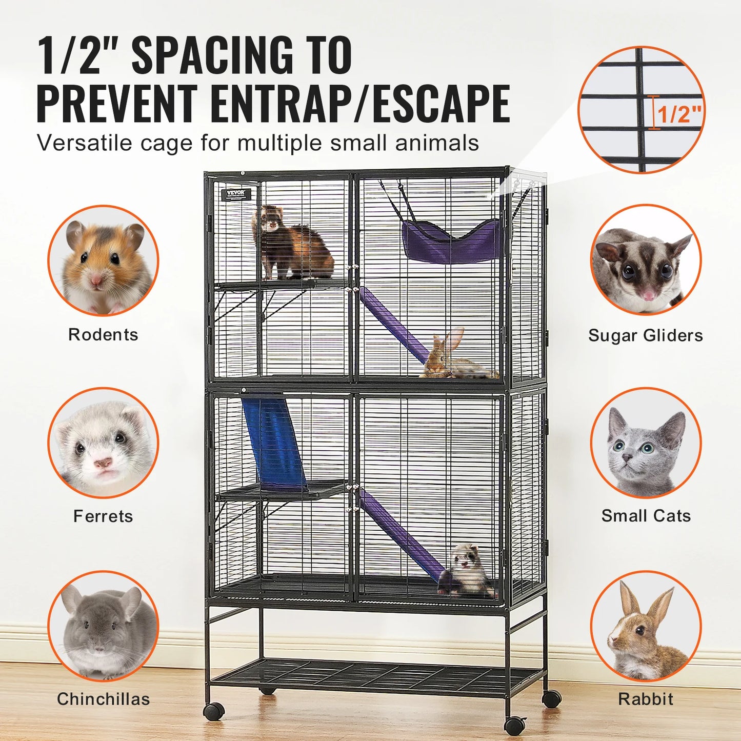 64.6" Rolling Metal Large 4-Tier Small Animal Cage