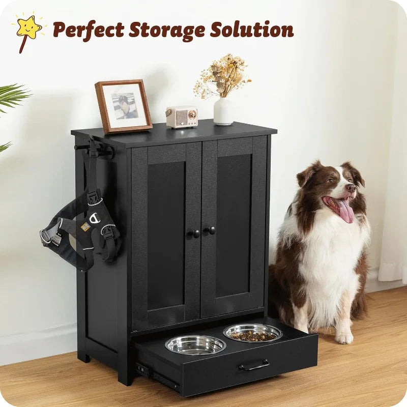 Feeding Station with Storage Cabinet and 2 Elevated Bowls