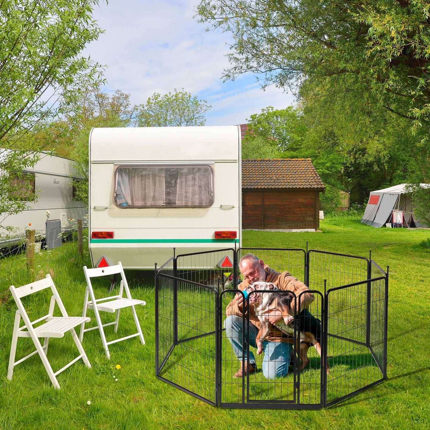 Dog Fence, 32" Height 8 Panels Metal Pen Indoor/Outdoor