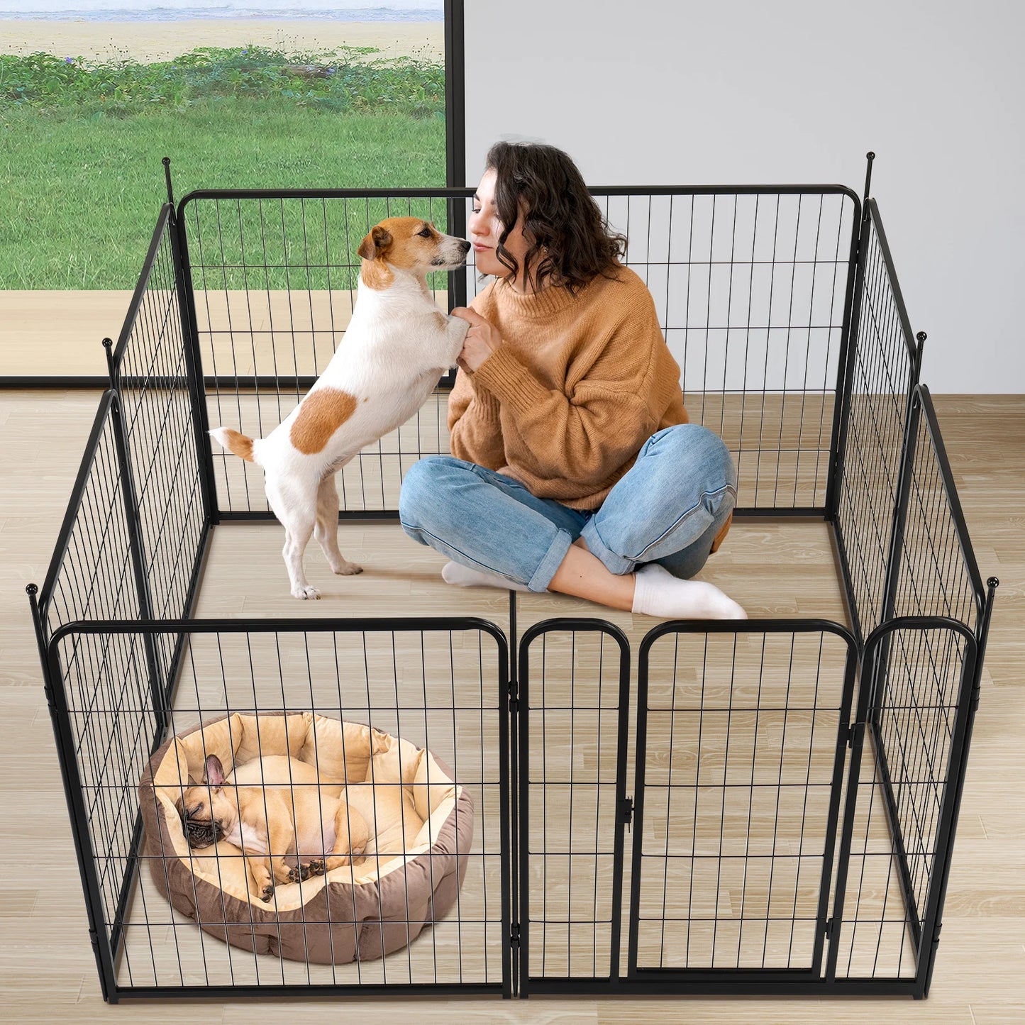 Dog Fence, 32" Height 8 Panels Metal Pen Indoor/Outdoor