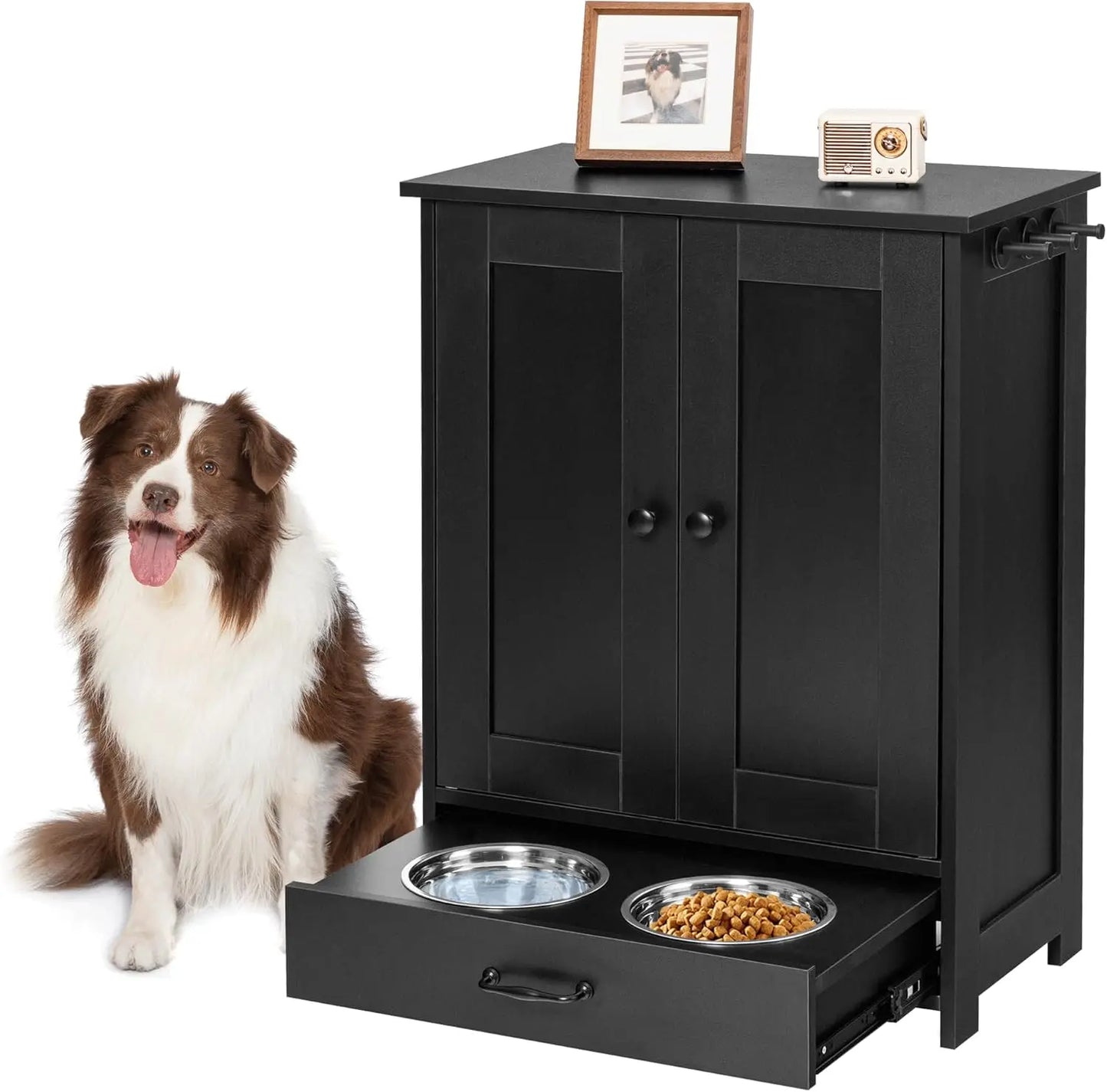 Feeding Station with Storage Cabinet and 2 Elevated Bowls