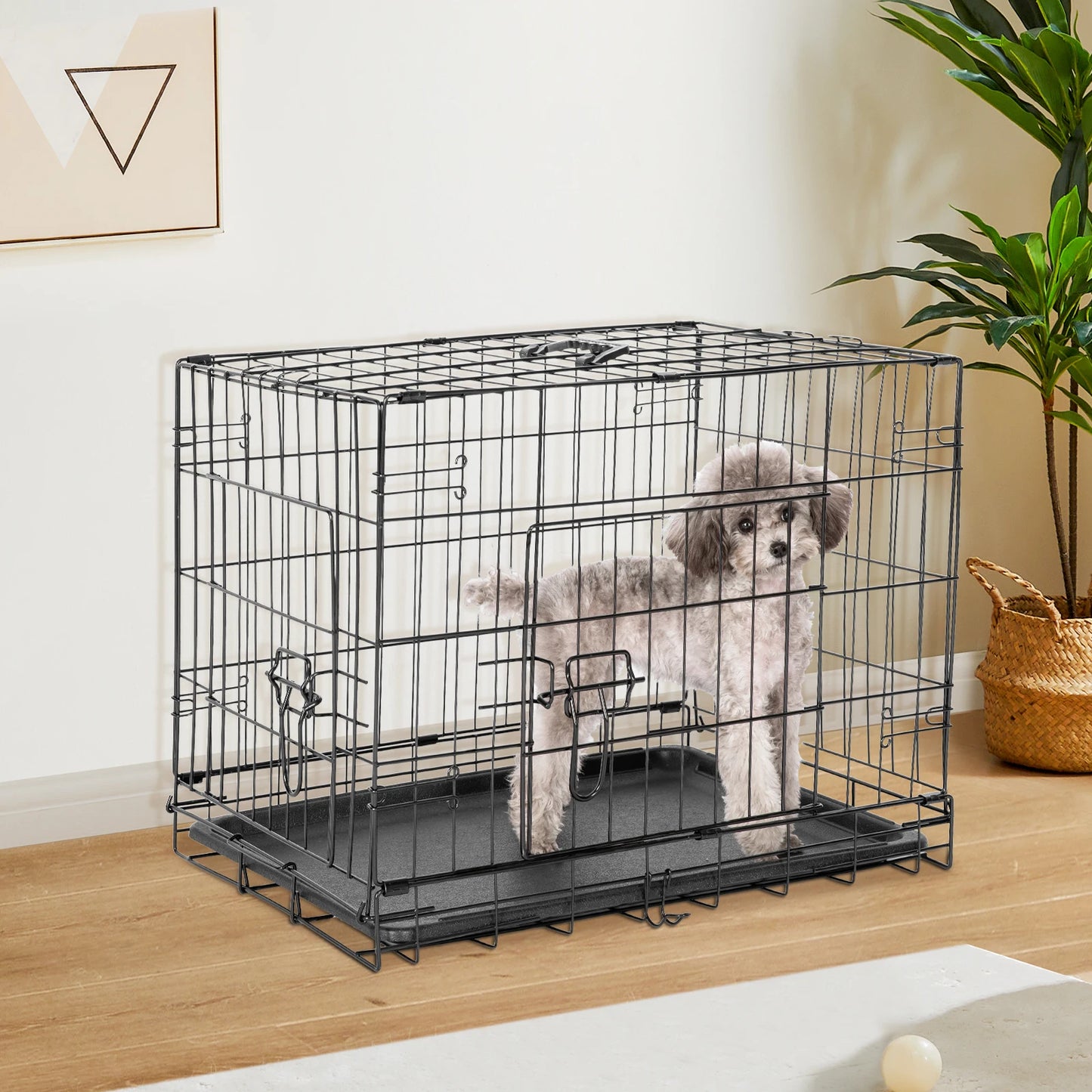 Double Door Folding Metal Cage with Leak-Proof Pan