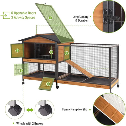 Rabbit Hutch Outdoor Indoor Rabbit Cage with Wheels