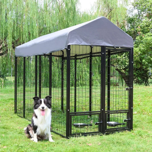 Kennel Outdoor with Roof and Rotating Bowl Holders,