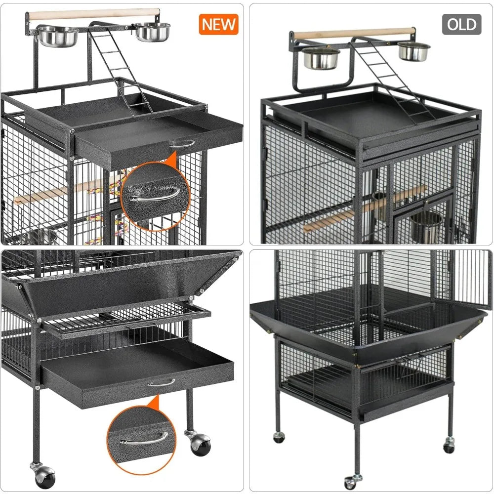 medium-sized parrot cage with rolling support