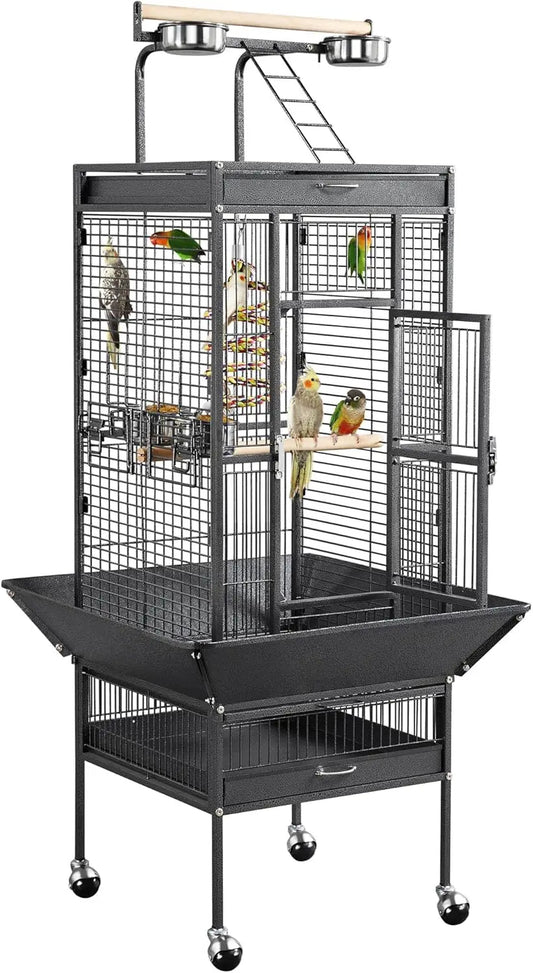 medium-sized parrot cage with rolling support