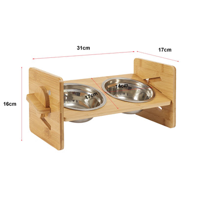 Bamboo Stand and Stainless Bowls Height Adjustable