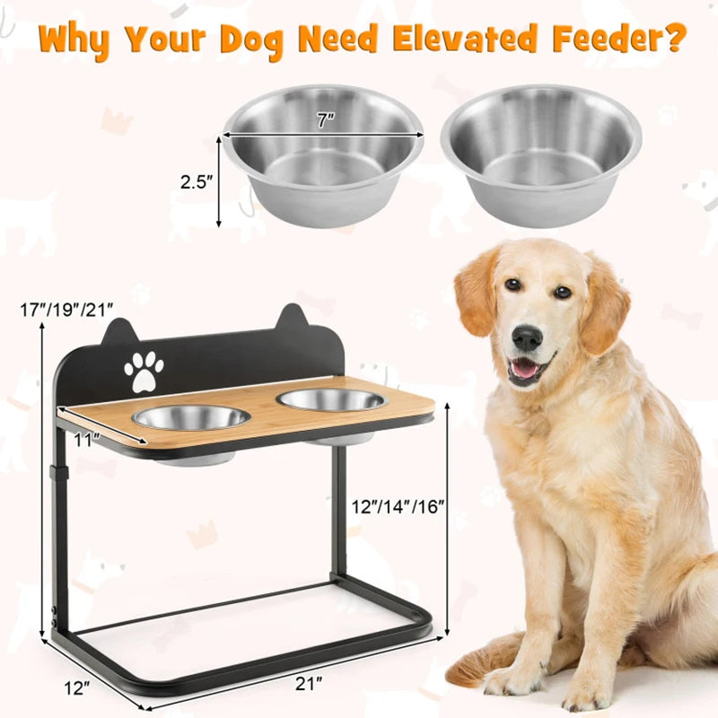 3 Adjustable Heights with 2 Stainless Steel Food Water Bowls