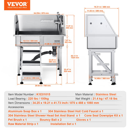 VEVOR 34" Pet Dog Bathing Tub Stainless Steel