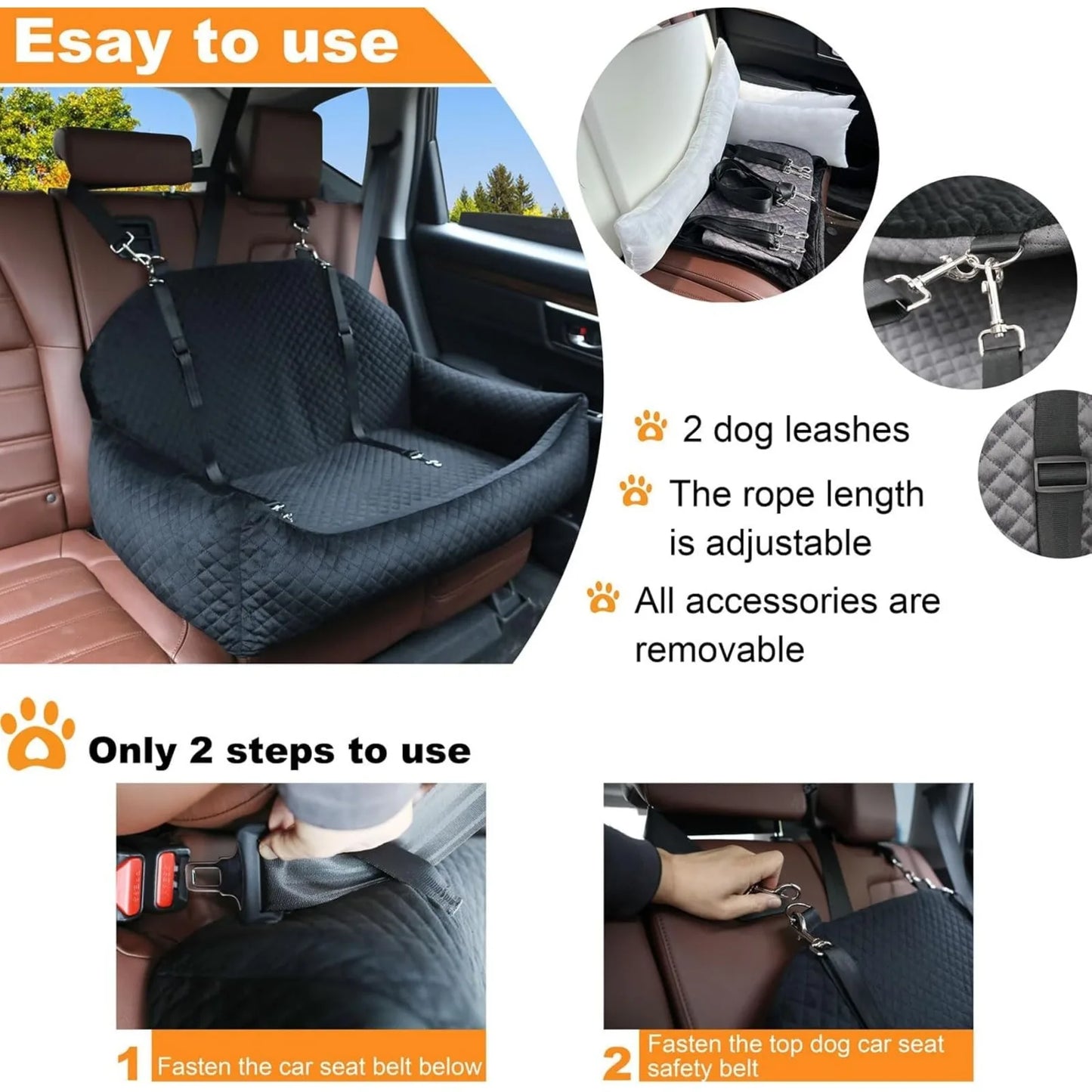 Car Seat Bed for Large/Medium Dogs or 2 Small