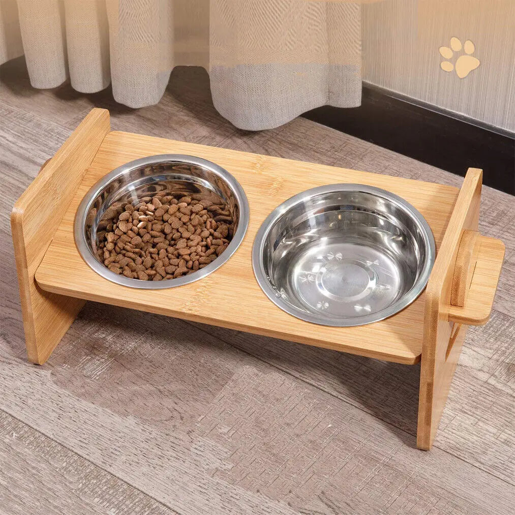 Bamboo Stand and Stainless Bowls Height Adjustable