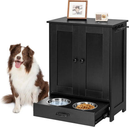 Feeding Station with Storage Cabinet and 2 Elevated Bowls
