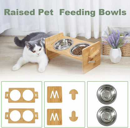 Bamboo Stand and Stainless Bowls Height Adjustable