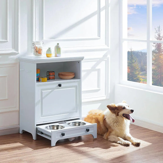 Feeding Tilt Out Dog Food Storage Cabinet White